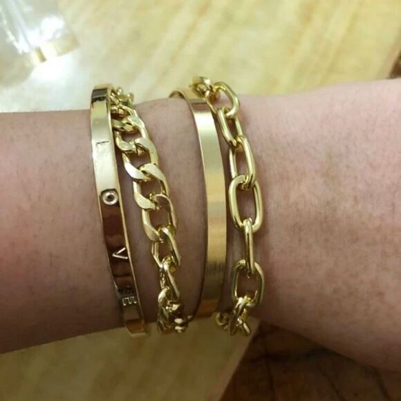 Unisex LOVE Men Women Gold Over Silver Chunky Gold Link Bangle Set - Picture 13 of 13